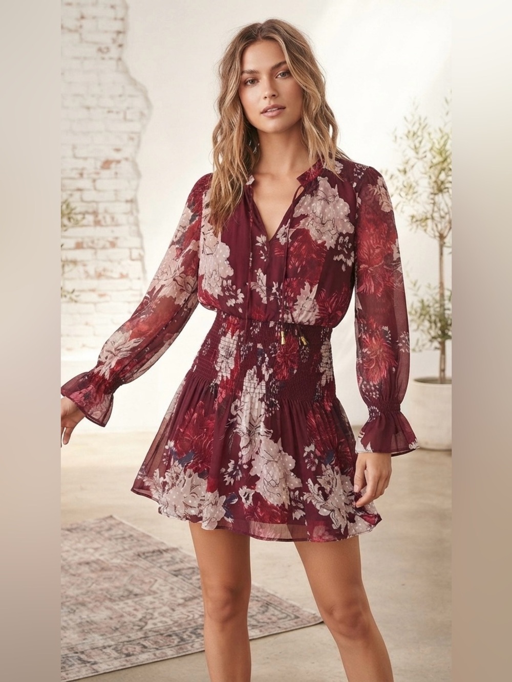 Bishop + Young Dhalia Floral Boho Wine color Long-Sleeve Smocked Waist Dress